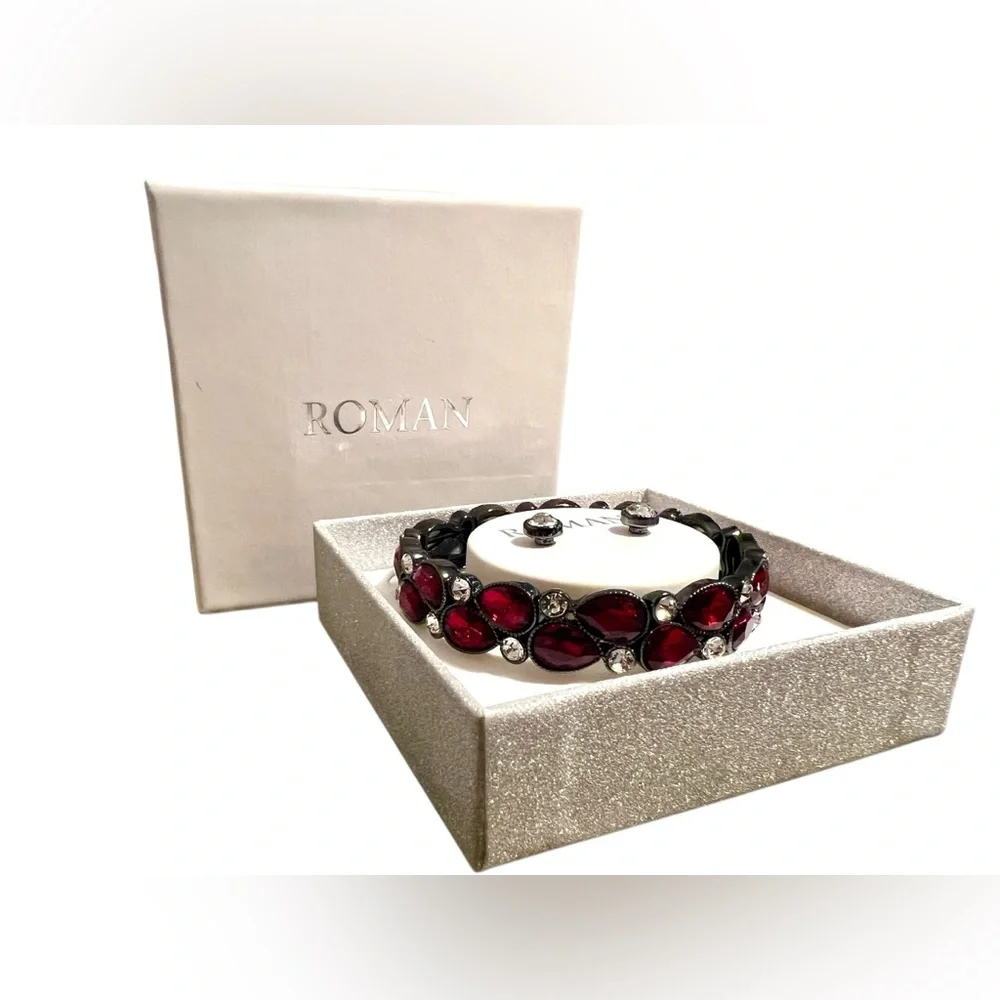 Roman Scarlet Teardrop Crystal Stretch Bracelet with Clear Accents - Picture 1 of 6